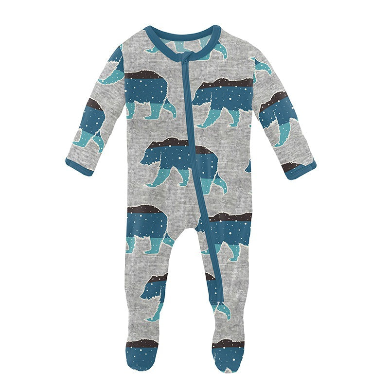 Kickee Pants Print Footie with Zipper - Heather Mist Night Sky Bear