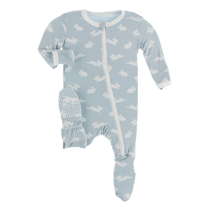 Kickee Pants Print Footie with Zipper -Pearl Blue Bunny