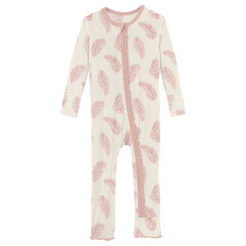 Kickee Pants Print Muffin Ruffle Coverall With Zipper - Natural Feathers