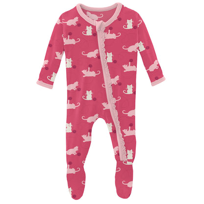 Kickee Pants Print Muffin Ruffle Footie With Zipper - Winter Rose Kitty