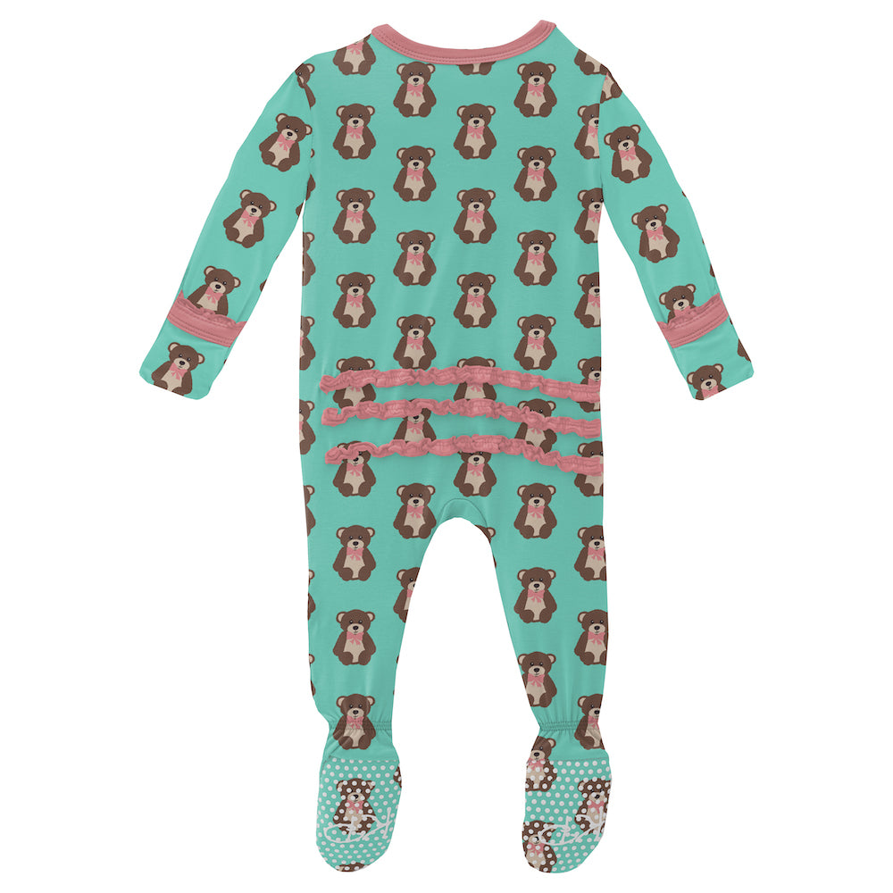 Kickee Pants Print Muffin Ruffle Footie With Zipper - Glass Teddy Bear