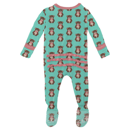 Kickee Pants Print Muffin Ruffle Footie With Zipper - Glass Teddy Bear