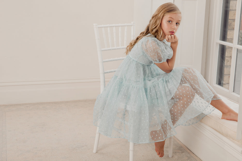 Petite Amalie Ella Organza Dot Dress - Blue