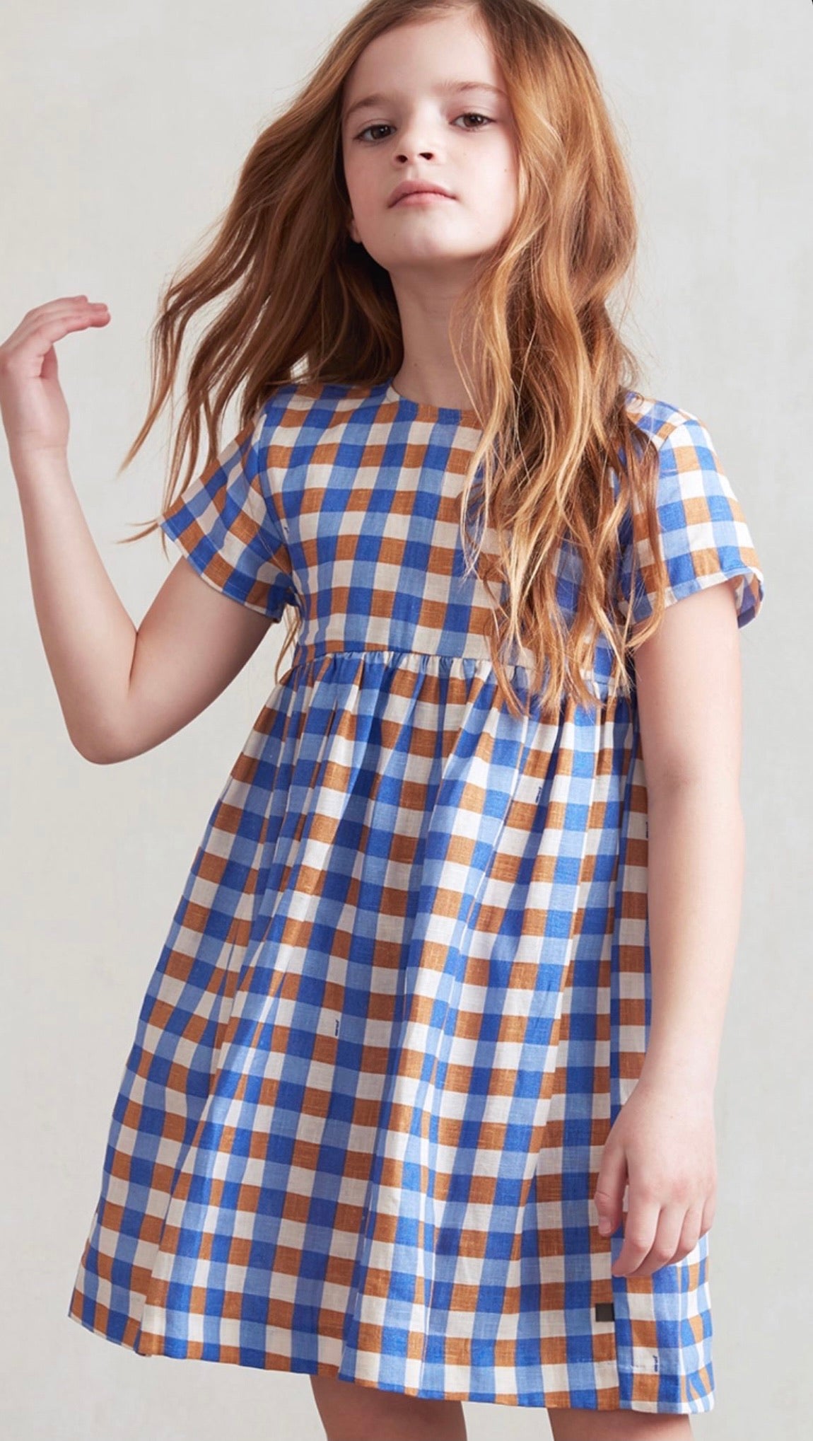 Oeuf Short Sleeve Dress - Sky Blue/Gingham